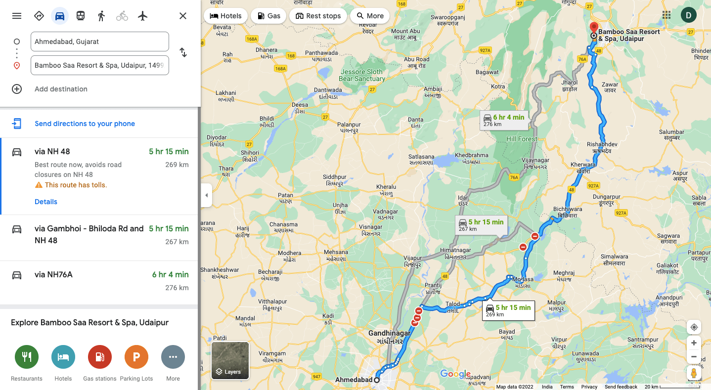 Ahmedabad to Udaipur-EV drive-roadtrip-google map- yocharge