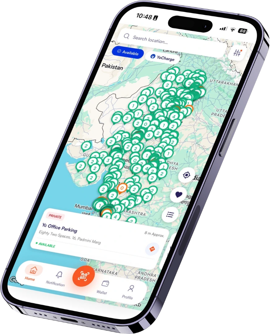 YoCharge driver app map showing EV charging stations across India