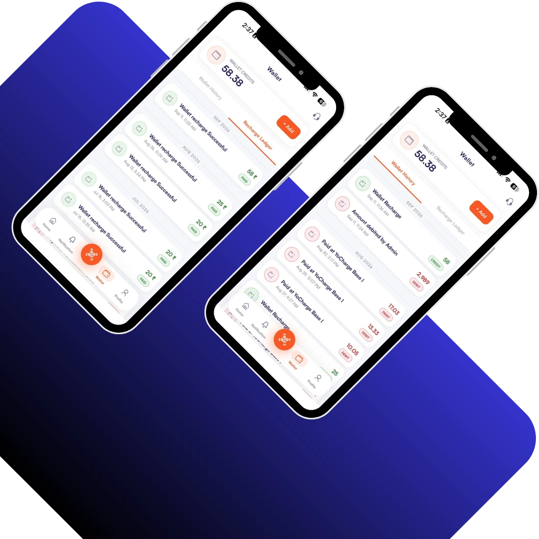 YoCharge driver app wallet and recharge history on two phones