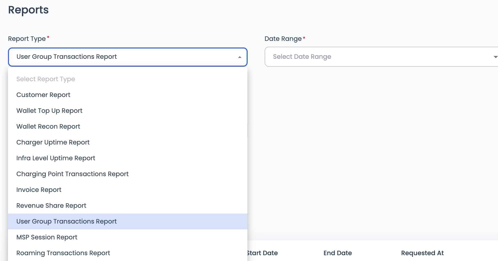Reports menu in the admin dashboard listing customer, wallet, uptime, transaction, invoice, revenue share, MSP session and roaming reports