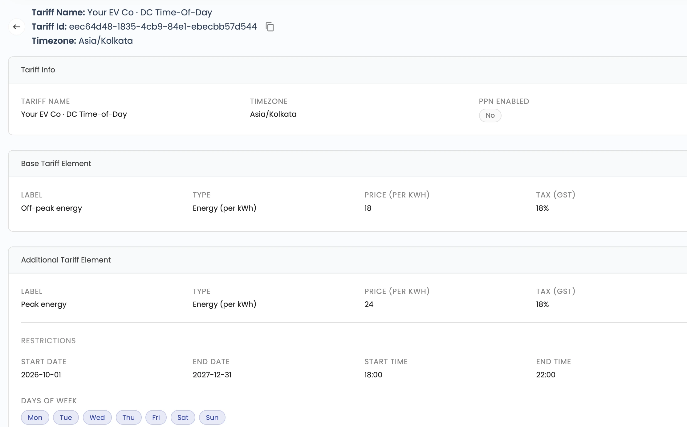Time-of-day tariff in the admin dashboard for a demo network: off-peak and peak energy prices per kWh with GST, peak hours set from 18:00 to 22:00