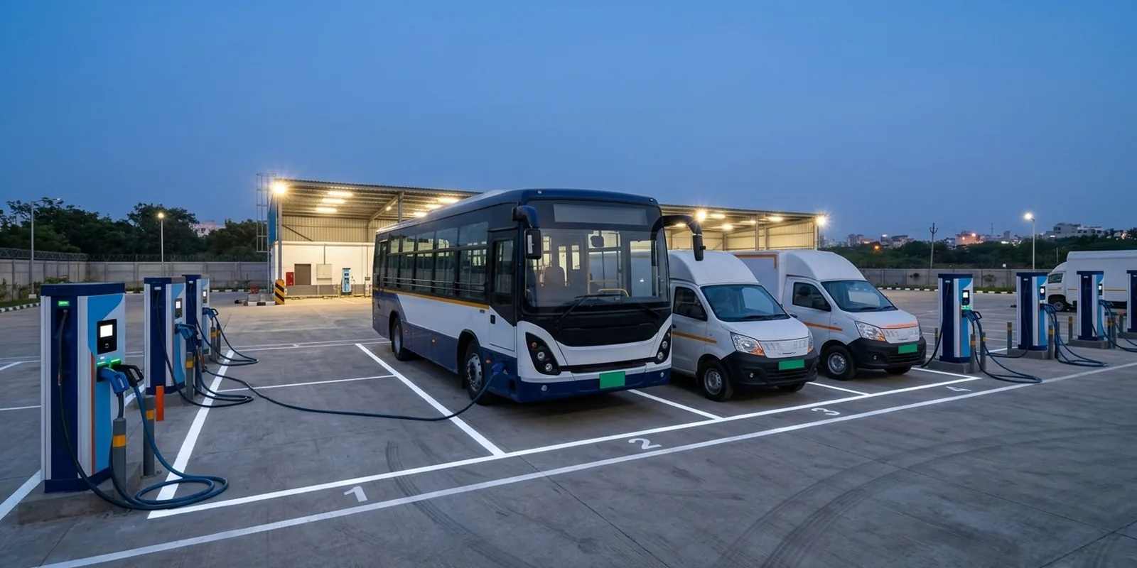 Electric bus and electric delivery vans charging at a fleet depot on a white-label charging network