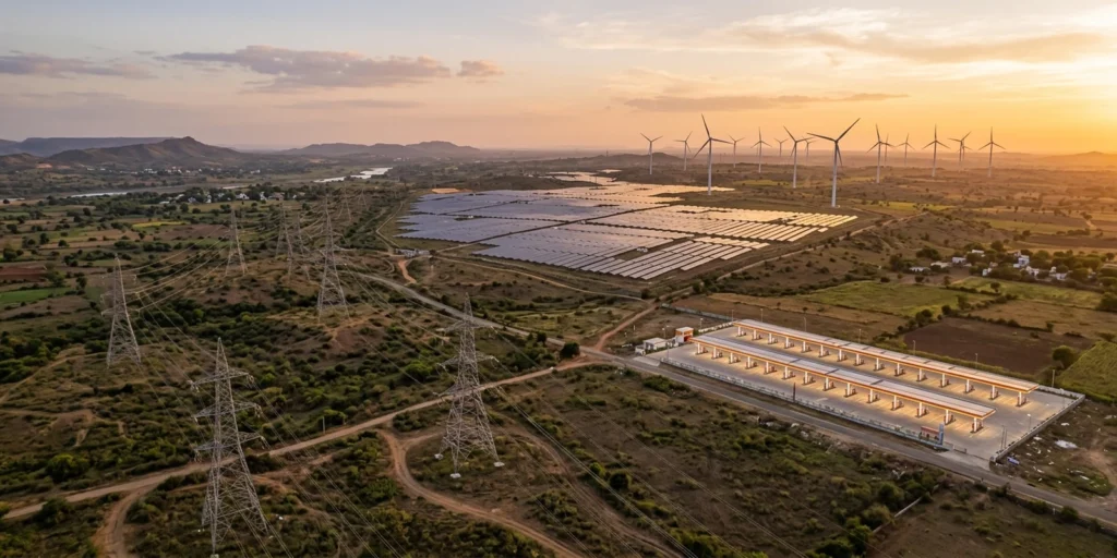 Aerial view of India energy infrastructure with transmission towers, solar farm, wind turbines and an EV charging hub
