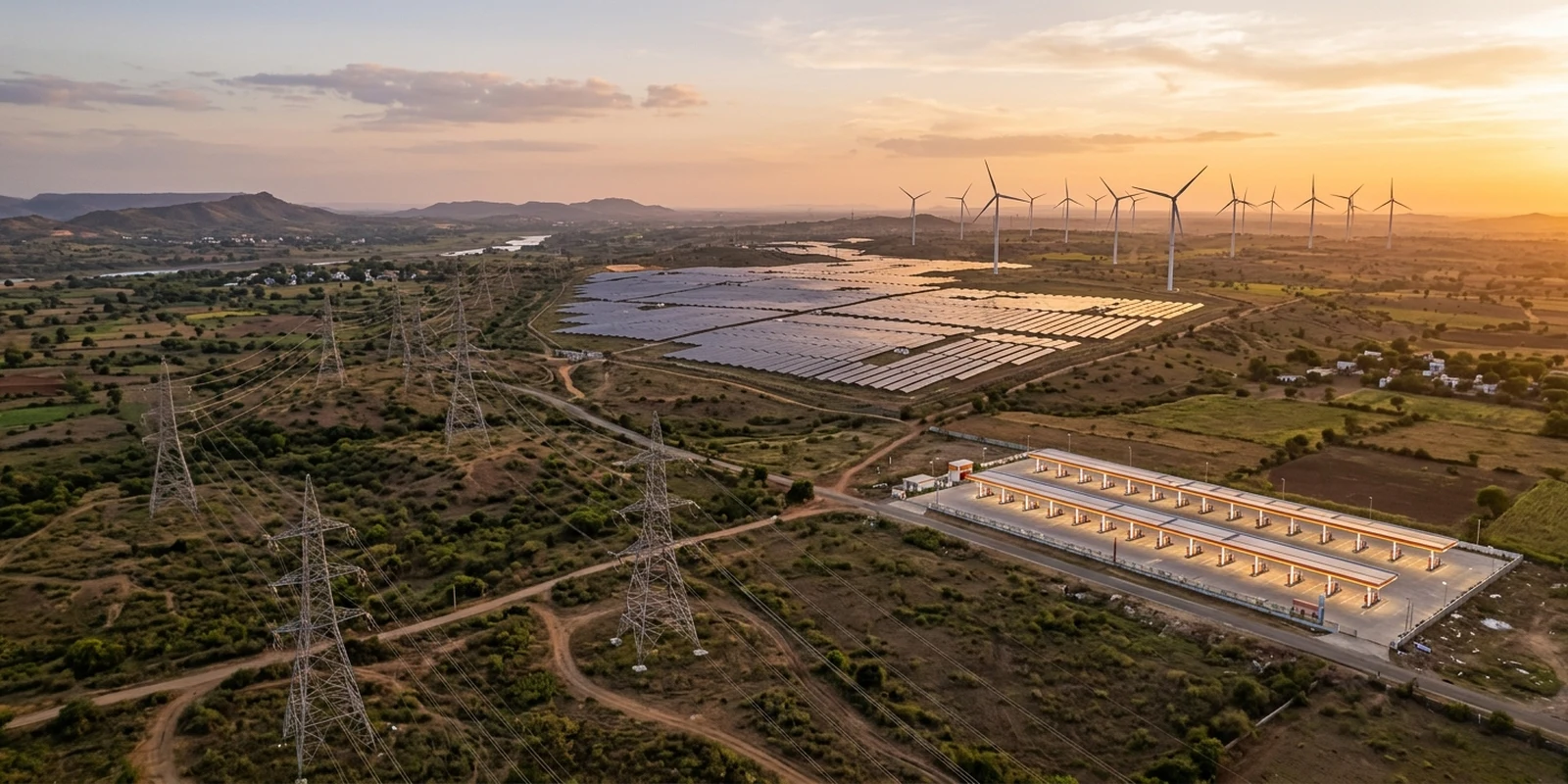 EV charging smart pricing strategies — highway charging plaza beside solar arrays and wind turbines at sunset