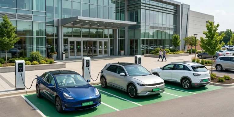 Retail EV charging strategy: EV charging bays at a shopping mall entrance with green-plate electric cars parked near the storefront
