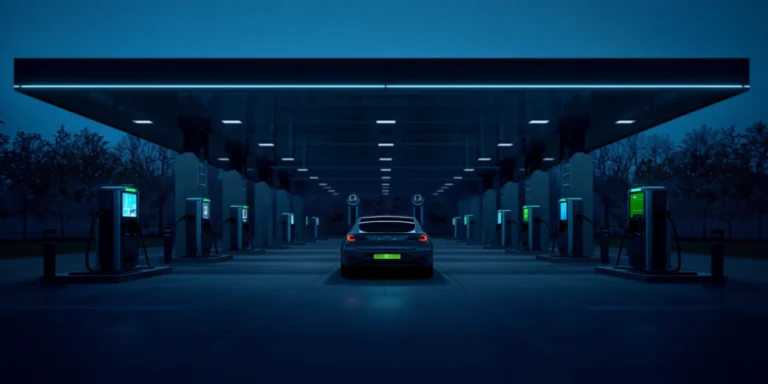 EV charging revenue models - multi-bay EV charging hub with digital screens at dusk