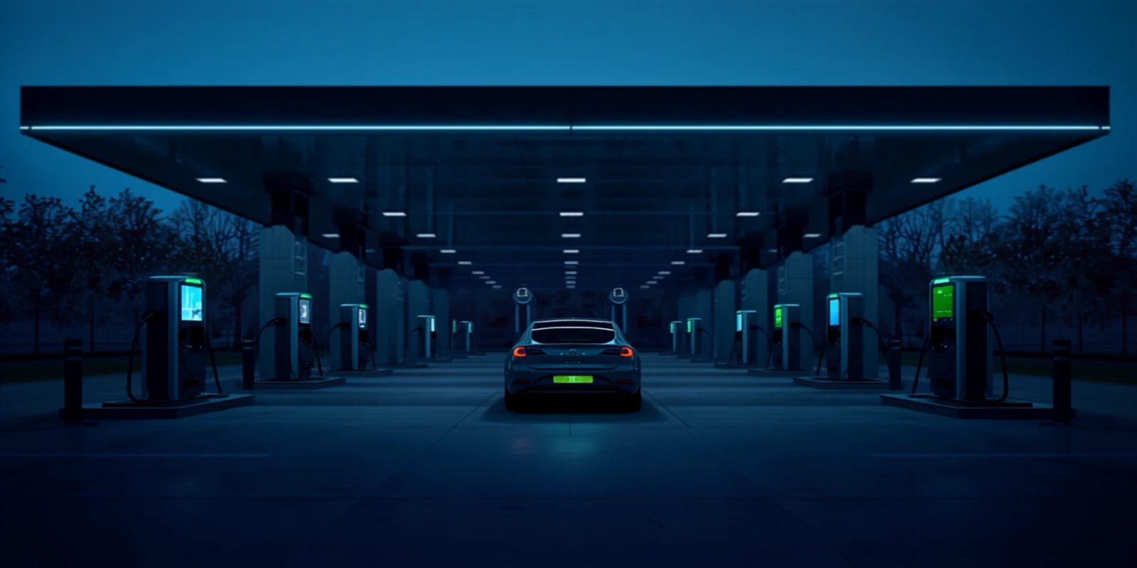 EV charging revenue models - modern multi-bay EV charging hub at dusk