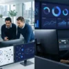 Build vs buy EV charging software: an engineering team building a platform on one side, an operator monitoring a ready-made charging management dashboard on the other
