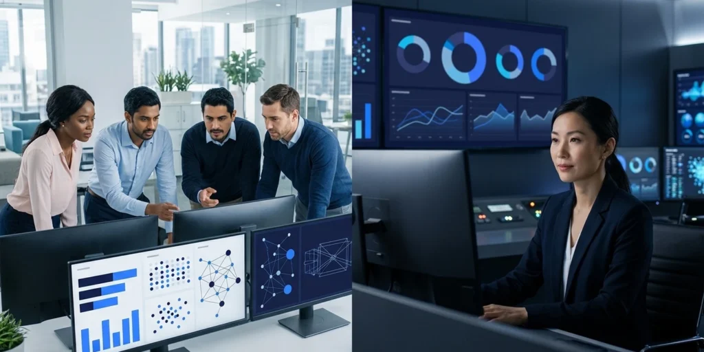 Build vs buy EV charging software: an engineering team building a platform on one side, an operator monitoring a ready-made charging management dashboard on the other