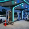 EV charger status communication — a maintenance-flagged charging bay next to active charging bays at a highway EV charging station
