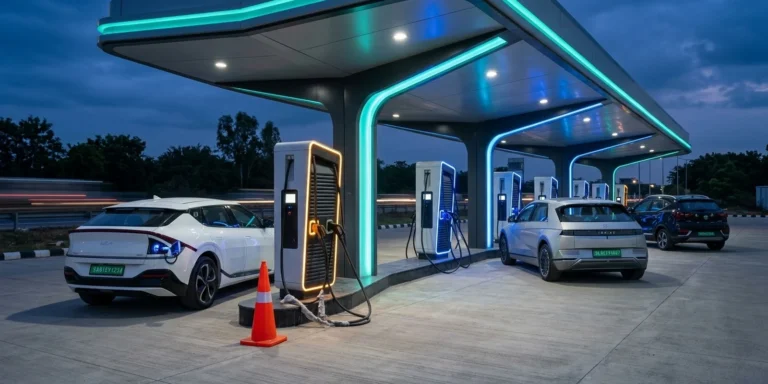 EV charger status communication — a maintenance-flagged charging bay next to active charging bays at a highway EV charging station
