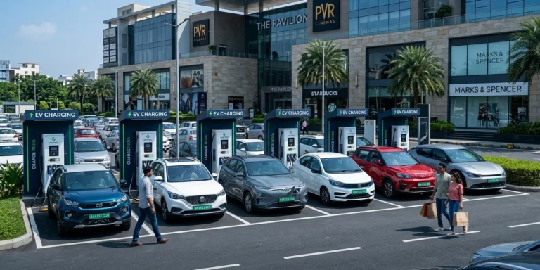 EV charging data-driven site selection — a busy commercial parking lot with chargers actively in use