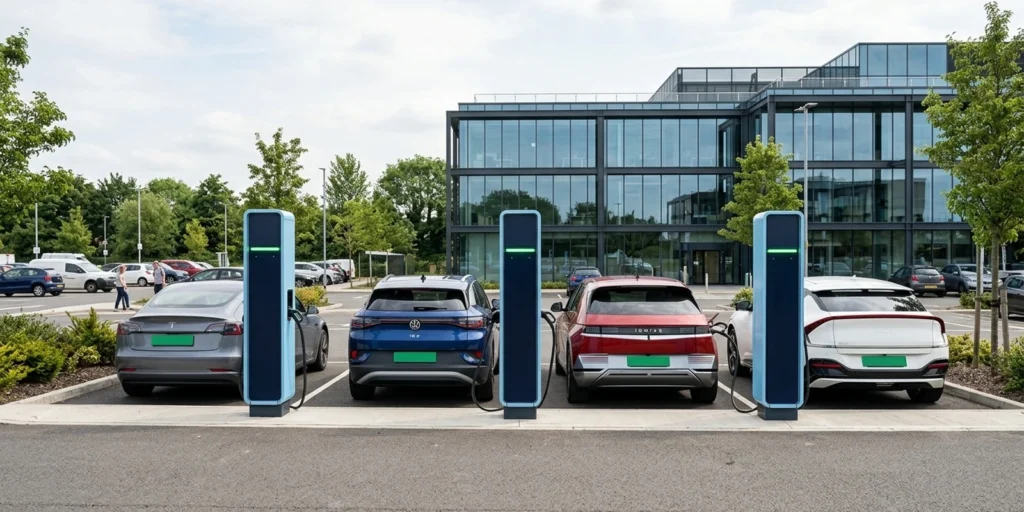 EV charging load management basics — four EV chargers charging vehicles at a commercial charging site