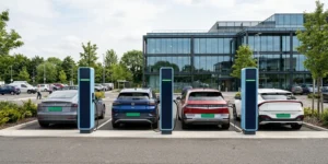 EV charging load management basics — four EV chargers charging vehicles at a commercial charging site