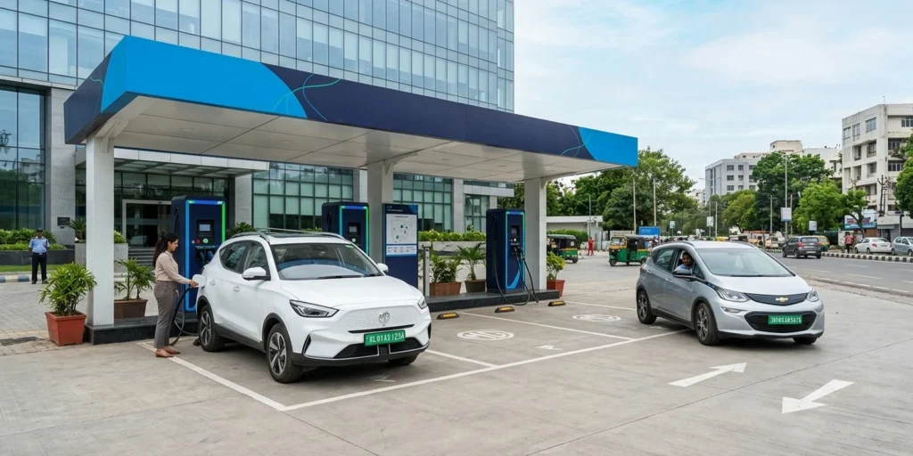 EV charging station franchise forecourt with branded DC fast chargers