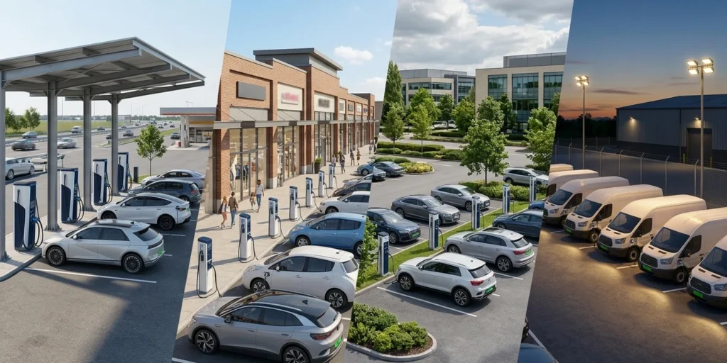 EV charging station profit margin by site type — highway, mall, workplace and fleet depot charging bays compared