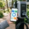 EV driver loyalty program ideas — rewards app on a smartphone at an EV charging station