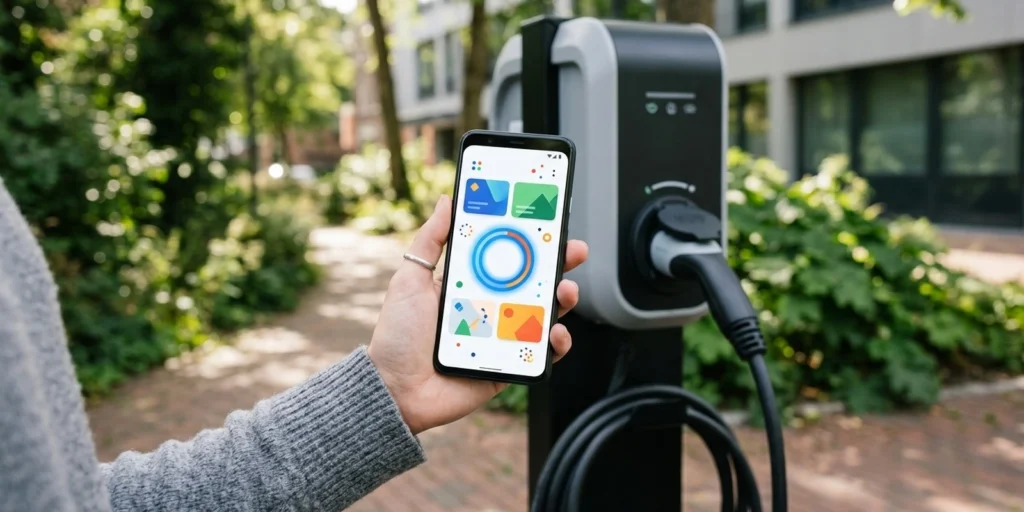 EV driver loyalty program ideas — rewards app on a smartphone at an EV charging station