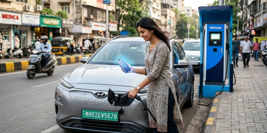 EV driver onboarding app journey — first-time owner charging at a public station in India with a green EV number plate