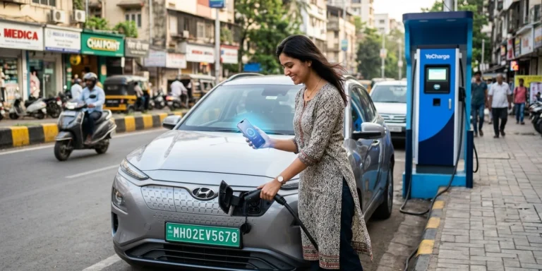 EV driver onboarding app journey — first-time owner charging at a public station in India with a green EV number plate