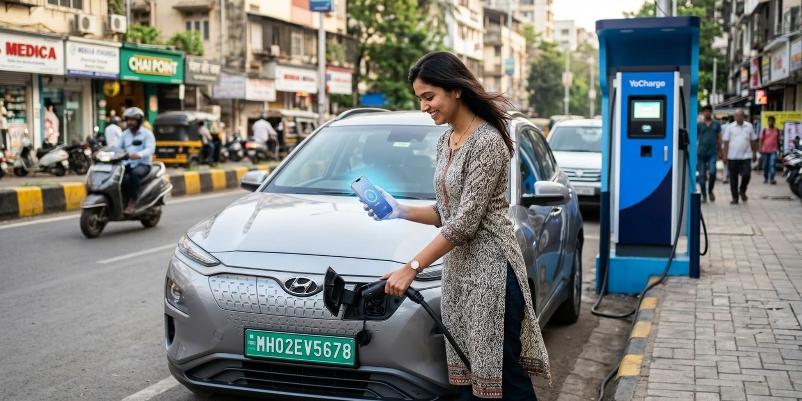 EV driver onboarding app journey — first-time owner charging at a public station in India with a green EV number plate