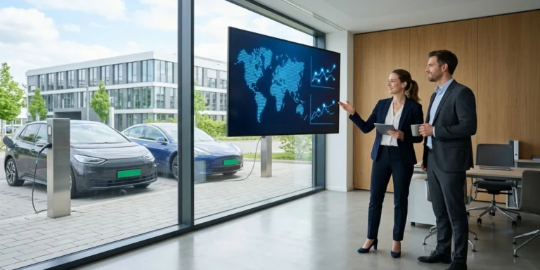 Business team reviewing a global EV charging network dashboard, illustrating a fast go-to-market EV charging platform launch