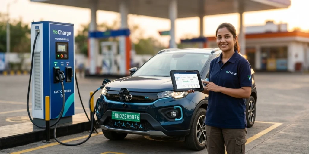 CPO reviewing GST on EV charging billing dashboard beside an EV with a green number plate at a fuel forecourt charging station
