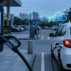 EV charger connected to a white electric vehicle with a green number plate, with an abstract blue holographic network overlay symbolizing OCPP 2.1 charger-to-cloud communication