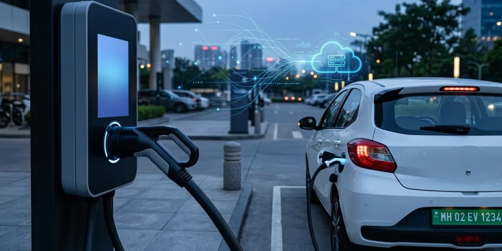 EV charger connected to a white electric vehicle with a green number plate, with an abstract blue holographic network overlay symbolizing OCPP 2.1 charger-to-cloud communication