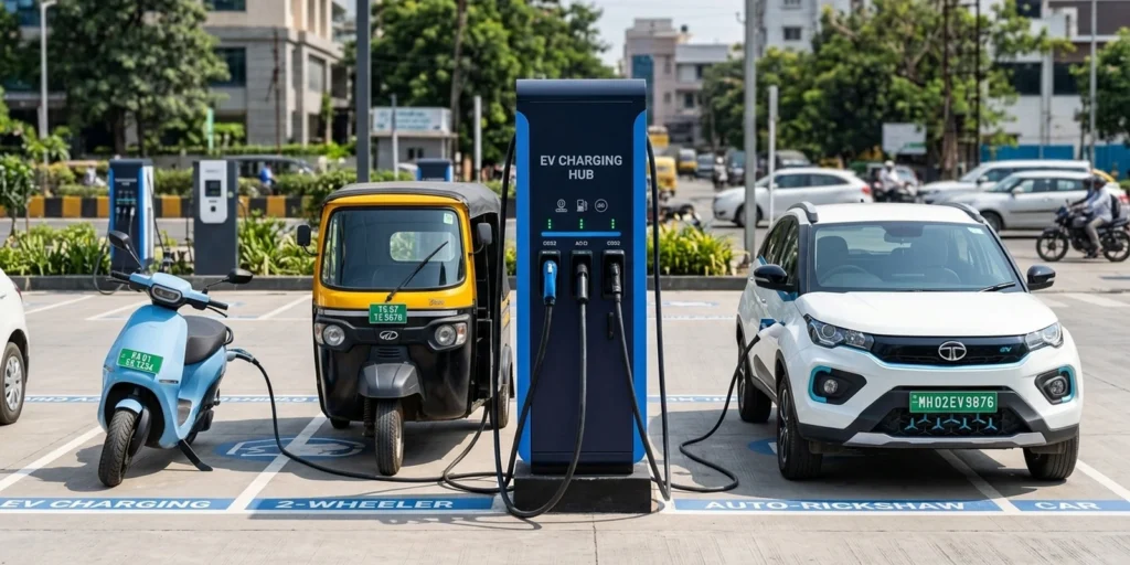 India-manufactured universal EV charger serving a two-wheeler, three-wheeler, and passenger EV — 140kW dual-gun CCS2 and Type 6 DC fast charging on one platform