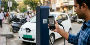 Driver scanning a UBC-enabled EV charging station's QR code with BHIM UPI on a smartphone, with an EV showing a green number plate charging in the background