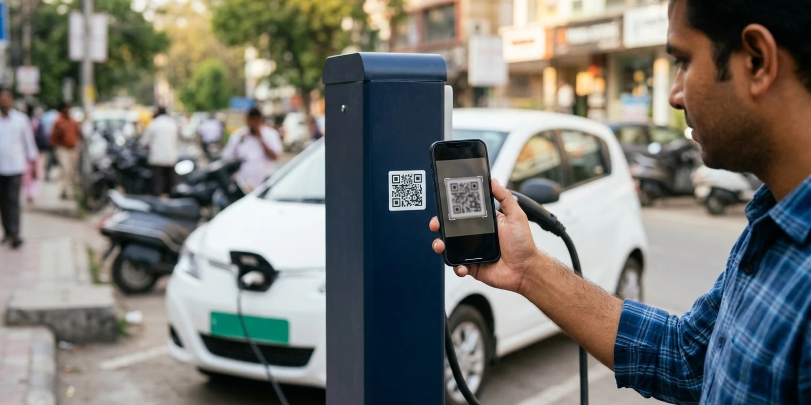 A driver scans a UBC-enabled charger's QR code with a smartphone to pay via UPI, with an electric car showing a green number plate charging in the background