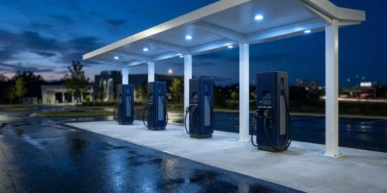 Unbranded DC fast chargers under a lit canopy at dusk, illustrating what the carbon credit trading scheme is worth to an EV charging operator