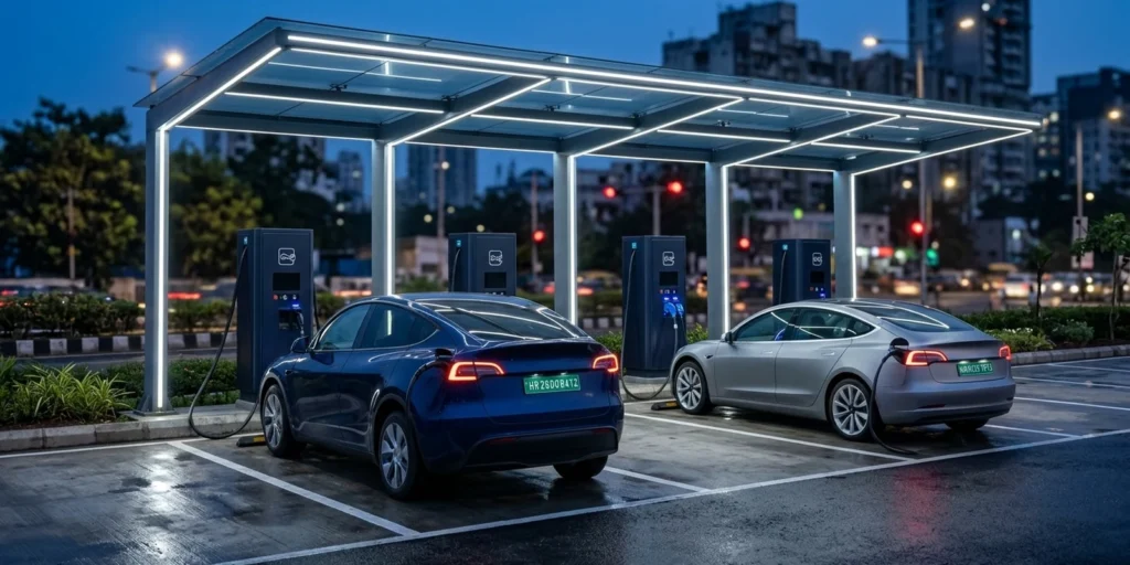 EV charging station business plan planning view: a modern DC fast-charging plaza at dusk with electric cars on green number plates