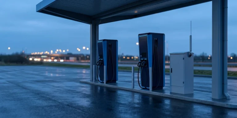 EV charger connectivity cabinet with cellular antenna beside DC fast chargers — M2M SIM card link to the charging backend