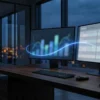 EV charging billing integration dashboard and accounting ledger linked across two office monitors