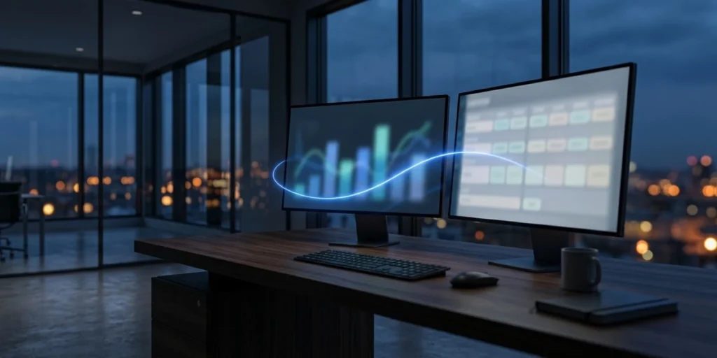 EV charging billing integration dashboard and accounting ledger linked across two office monitors