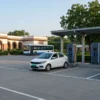 EV charging for government buildings: DC fast chargers under a canopy in the visitor car park of an Indian government office campus, with green-plated electric cars plugged in