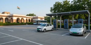 EV charging for government buildings: DC fast chargers under a canopy in the visitor car park of an Indian government office campus, with green-plated electric cars plugged in