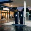 EV charging POS integration for fuel retailers: DC fast chargers on a fuel forecourt beside dispensers, with a lit convenience store and checkout counter behind