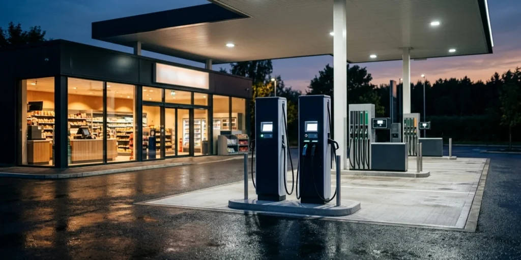EV charging POS integration for fuel retailers: DC fast chargers on a fuel forecourt beside dispensers, with a lit convenience store and checkout counter behind