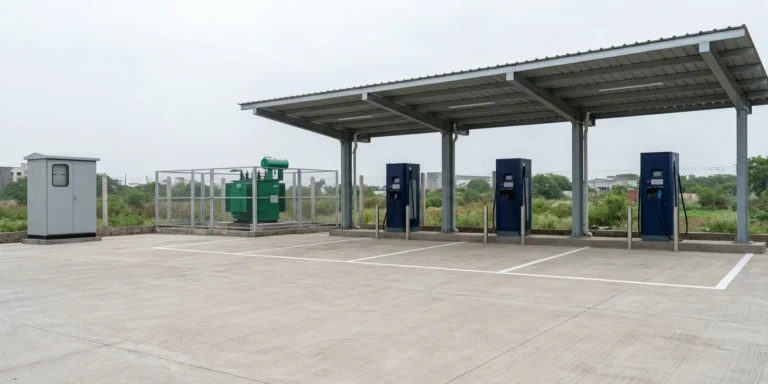 Newly built public EV charging station in India awaiting energisation, showing DC fast chargers, distribution transformer and metering cubicle — the assets an EV charging station license query is really about