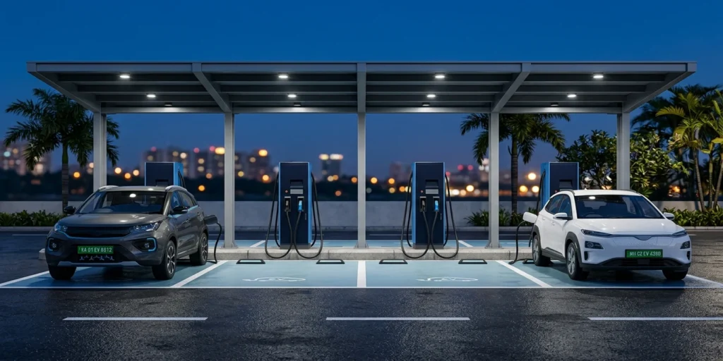 EV charging station design: four marked charging bays under a lit canopy with unbranded DC fast chargers and EVs on green number plates