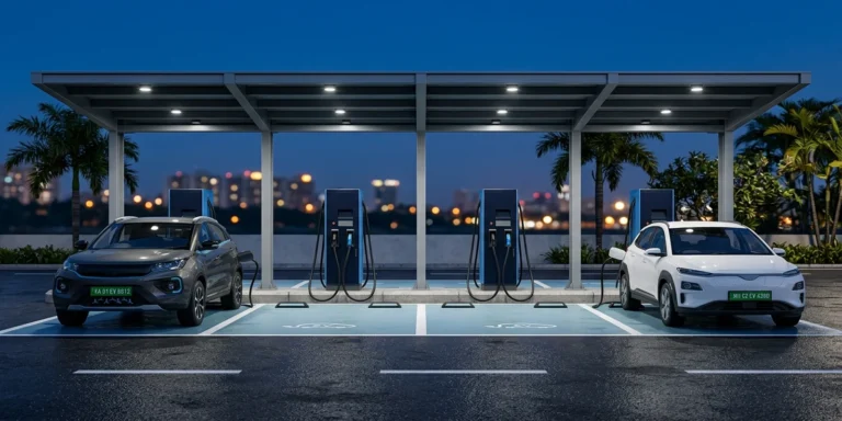 EV charging station design: four marked charging bays under a lit canopy with unbranded DC fast chargers and EVs on green number plates