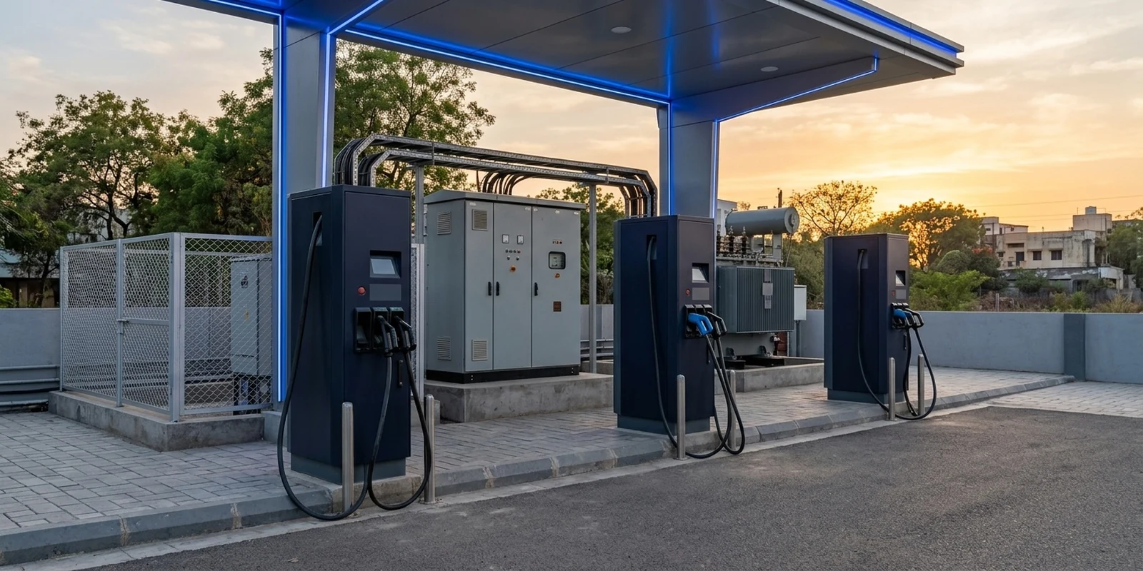 EV charging station subsidy in India: a public DC fast-charging site with its distribution transformer and LT switchgear, the upstream infrastructure most subsidy schemes actually fund