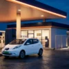 EV demand charge management at a forecourt: a DC fast charger and distribution transformer beside fuel dispensers at dusk
