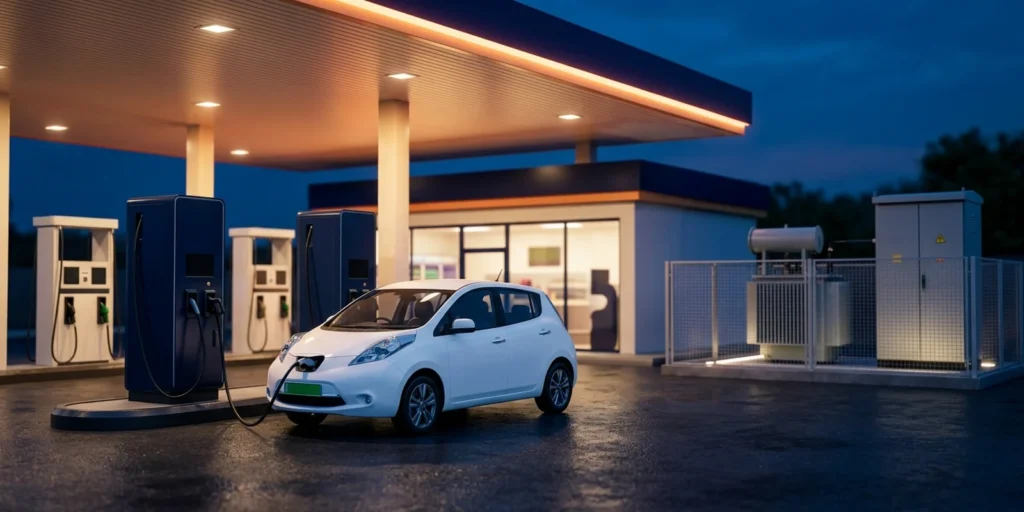 EV demand charge management at a forecourt: a DC fast charger and distribution transformer beside fuel dispensers at dusk