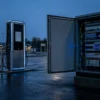 IEC 62443 for EV charging: DC fast charge points beside an open site controller cabinet of OT networking equipment at dusk