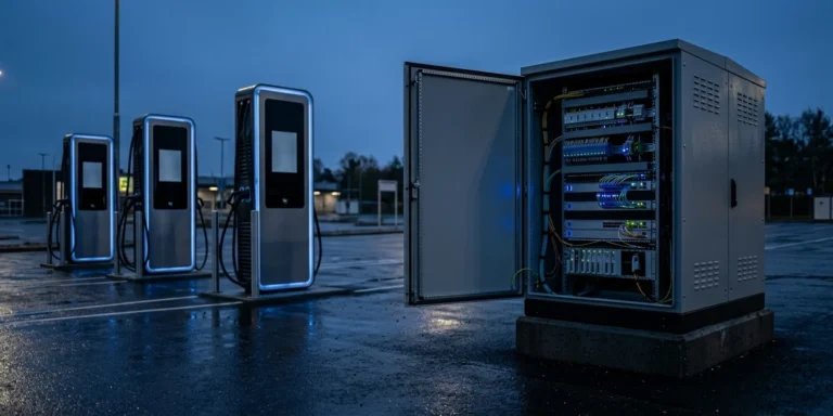 IEC 62443 for EV charging: DC fast charge points beside an open site controller cabinet of OT networking equipment at dusk