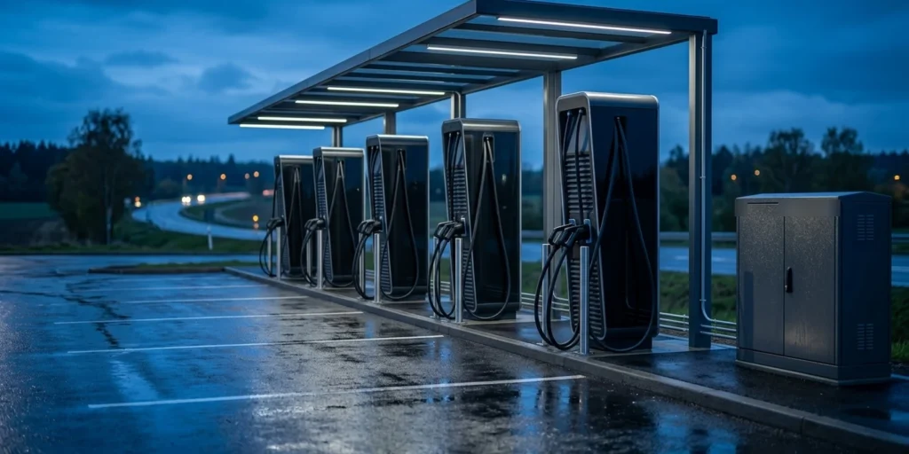 NIS2 and EV charging compliance: a row of DC fast chargers at a European roadside charging hub at dusk
